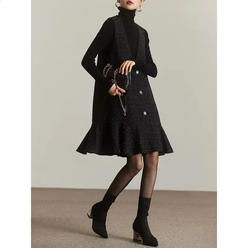 MEXZT retro coarse woolen mini dress womens elegant pleated Vneck onepiece winter black sun skirt Korean sleeveless vest 241007