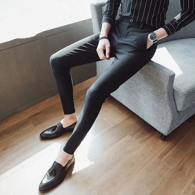 Blue Elastic Man Suits Pants Stretch Trousers for Men Tight Elegant Up Summer Vintage Anti-wrinkle Formal Dress Fine 240927