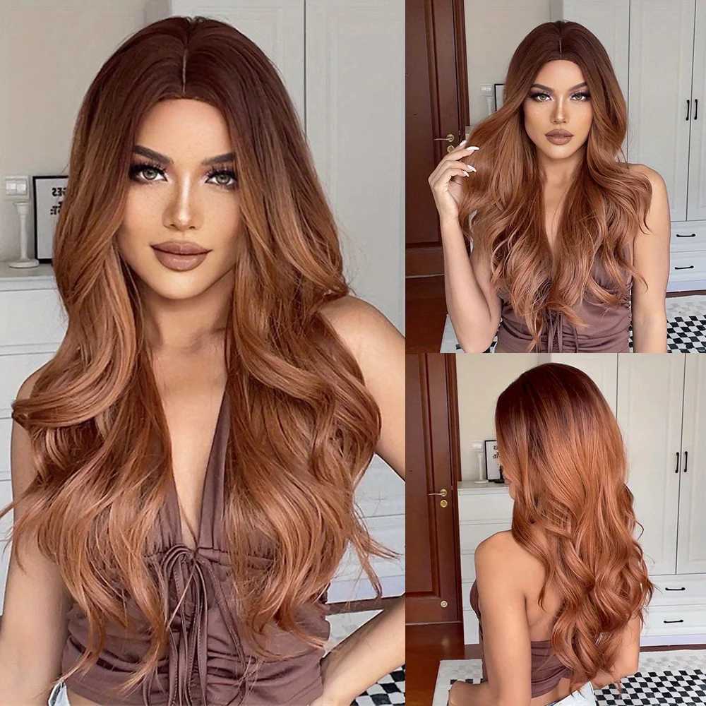 Long Wavy Red Brown Synthetic Wigs Dark Root Ginger Curly Cosplay Wig for Black Women Party Daily Cosplay Heat ResistantXJ241008