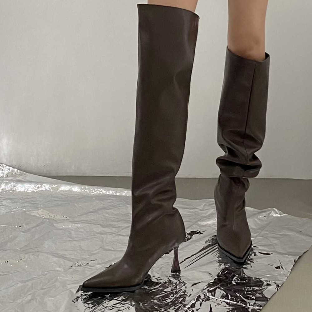 Spicy Girl Up Martin Boots Wide Tube Long Fashion Boots For Women Slimming Pointed High-heeled Soft Leather Boots Knee Long Tube Boots 240826