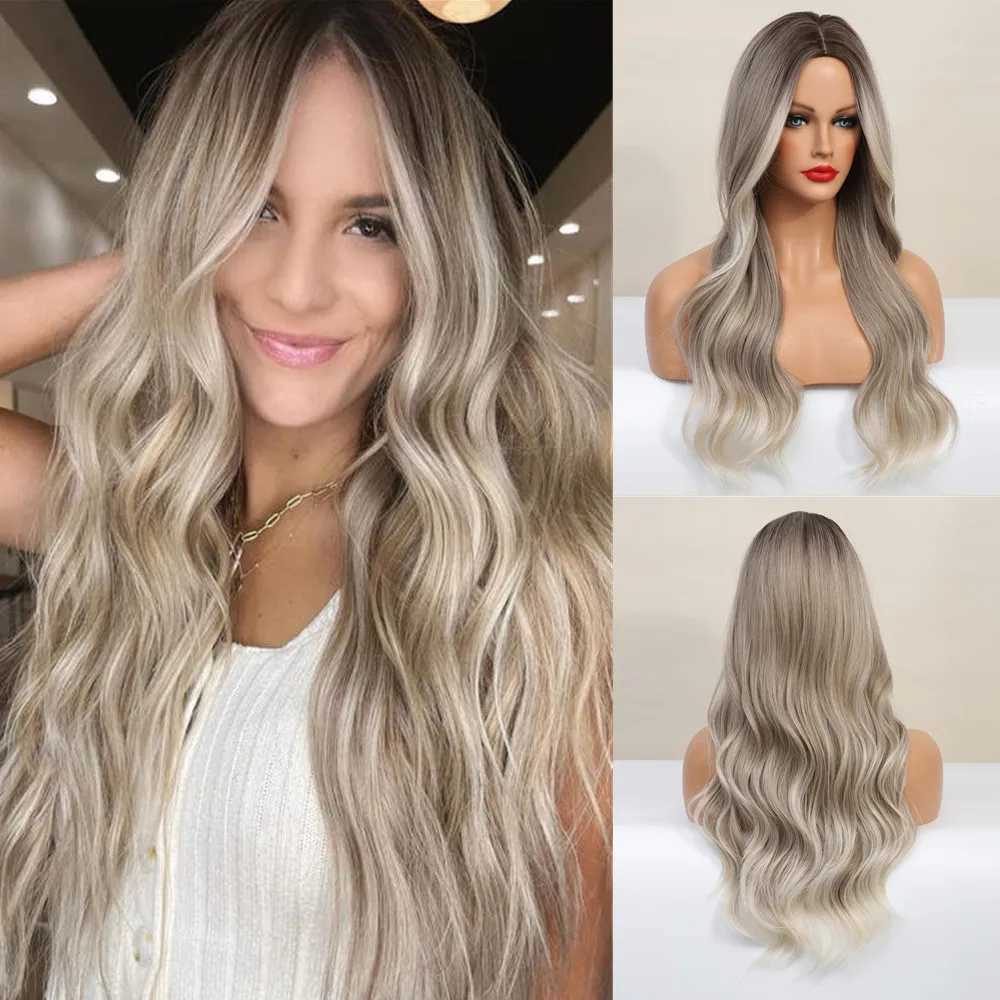 Synthetic Lace Wigs For Women Ombre Blond Lace Wigs Body Wave 26 Inches Long Wavy Cosplay Wigs T Part Lace Wig Heat ResistantXJ241008