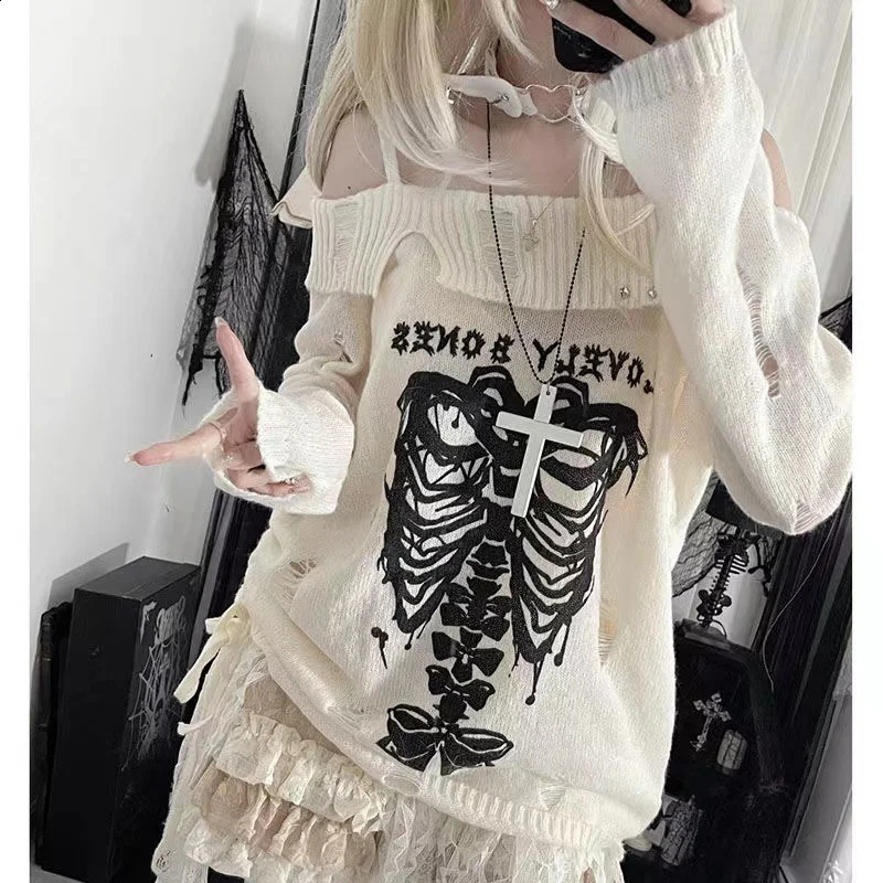 Womens white floral knit sweater Harajuku Korean style 90s Y2k long sleeved shoulder cross sweater retro 2000s clothing 240927