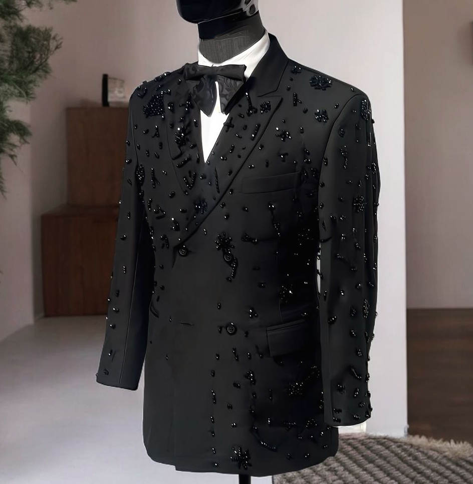 Vintage Wedding Suits Peaked Lapel Jacket Crystal Beaded Men's Tuxedo Tailored Double Breasted Dinner Prom Groom Blazer Custom Made Only One Coat