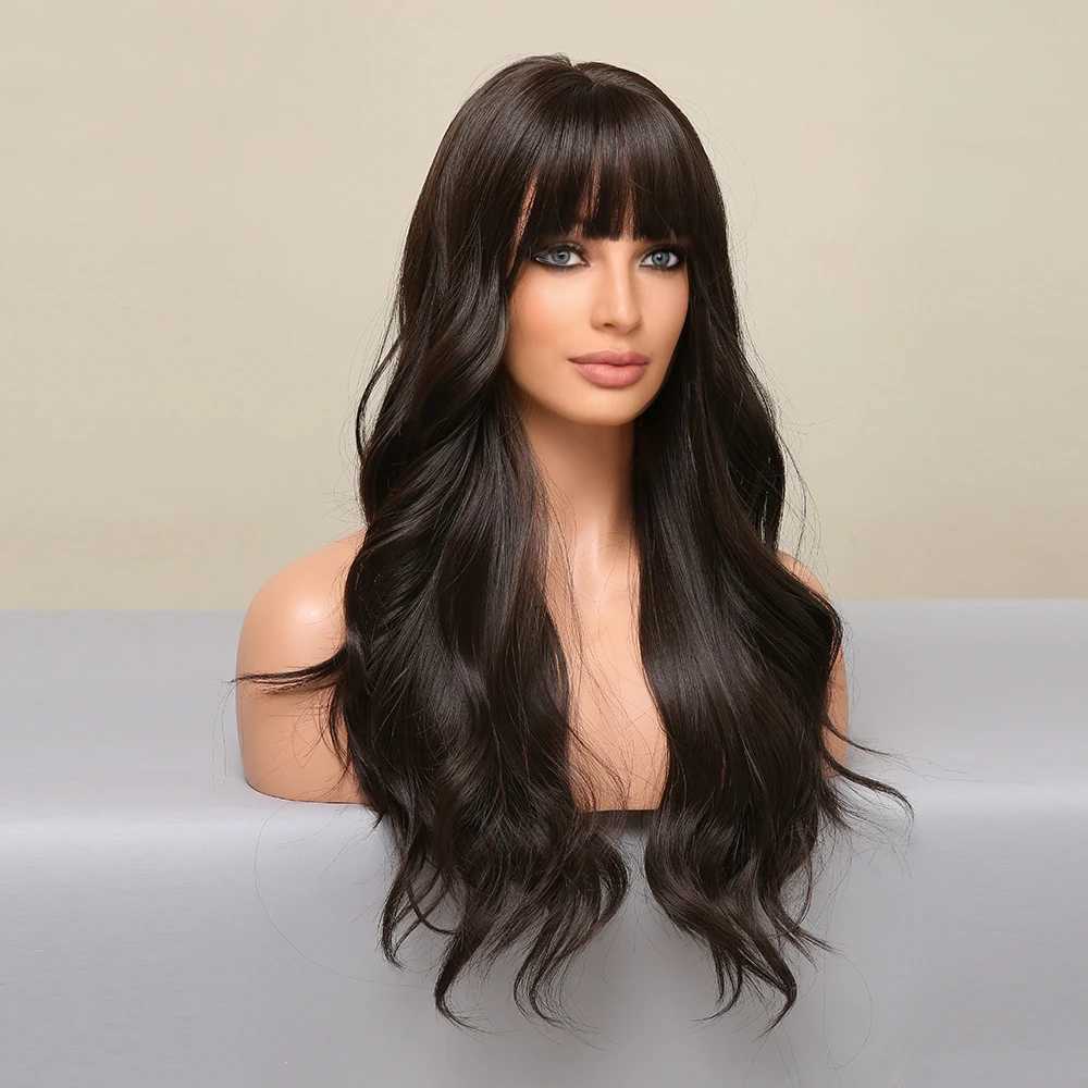 Long Wavy Black Brown Synthetic Wigs With Bangs Natural Curly Hair Wigs for Women Heat Resistant Fiber Wigs for Daily CosplayXJ241008