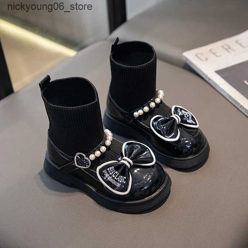 Boots Girls Socks Boots Kids Ankle Boots with Bow-knot Fashion Elegant Glossy UK Uniform Children School Princess Boots Anti-Slippery L240910