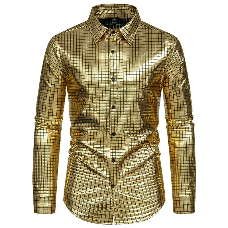 Mens gold long sleeved plain shirt loose and comfortable with small stretch top mens wedding banquet bar KTV dress shirt 241007