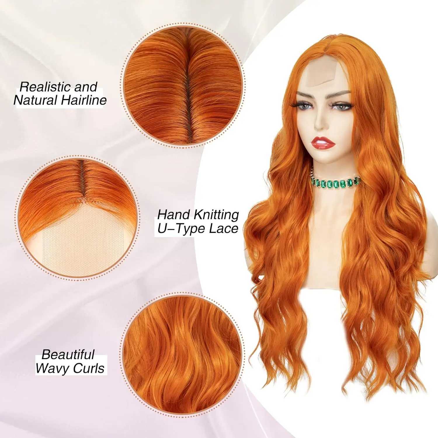 Tereshar Long Ginger Orange Wavy Synthetic Wig for Women Middle Part Curly Wavy Wig Heat Resistant Fiber Wig for Daily Party UseXJ241008