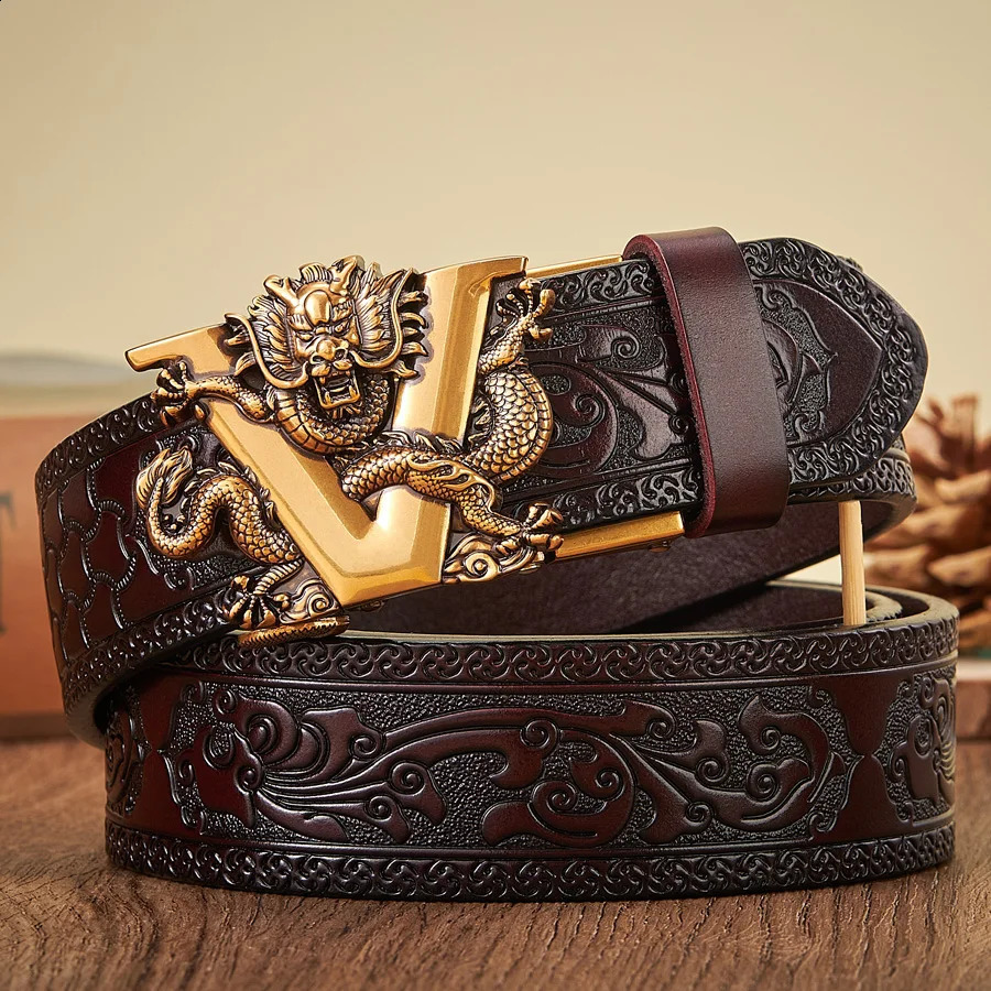3.5CM V-shaped buckle genuine cowhide belt high-quality alloy automatic buckle printing waste belt gift business mens belt 240925