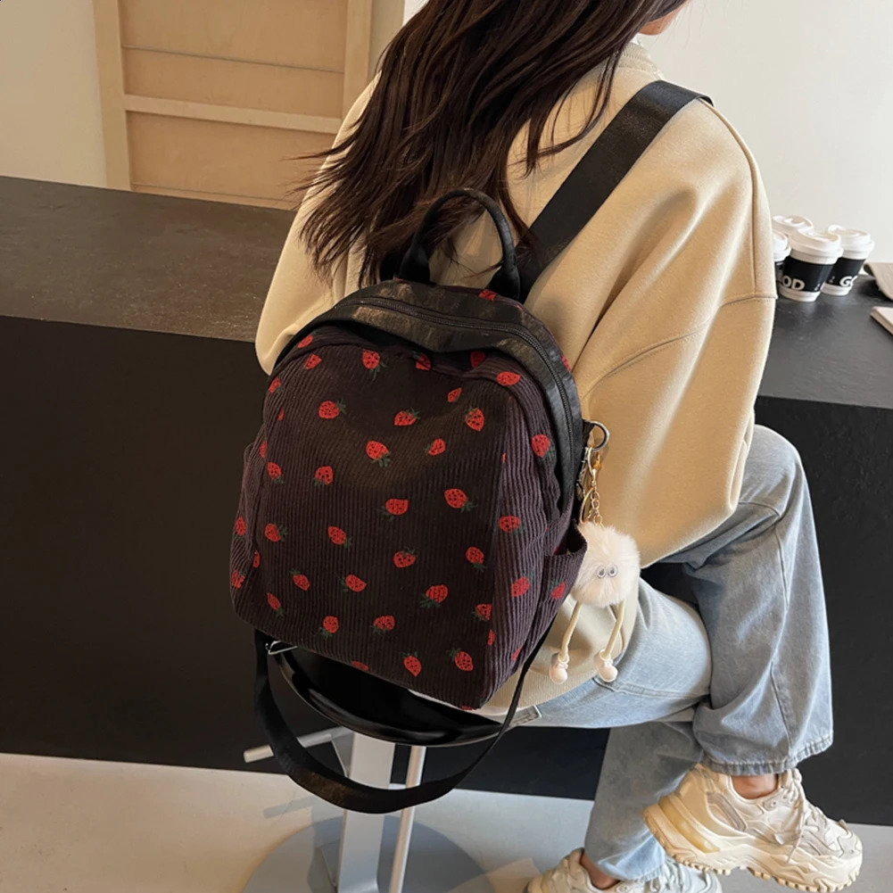 Kawaii Strawberry Corduroy School Bag Teenage Girl Beauty Backpack Lightweight Fashion Shoulder Zippered Small 241008