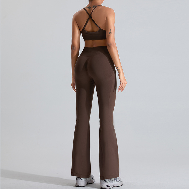 Seamless yoga suit for women, outdoor casual exercise set, women's peach hip lifting micro flared quick drying running and fitness pants