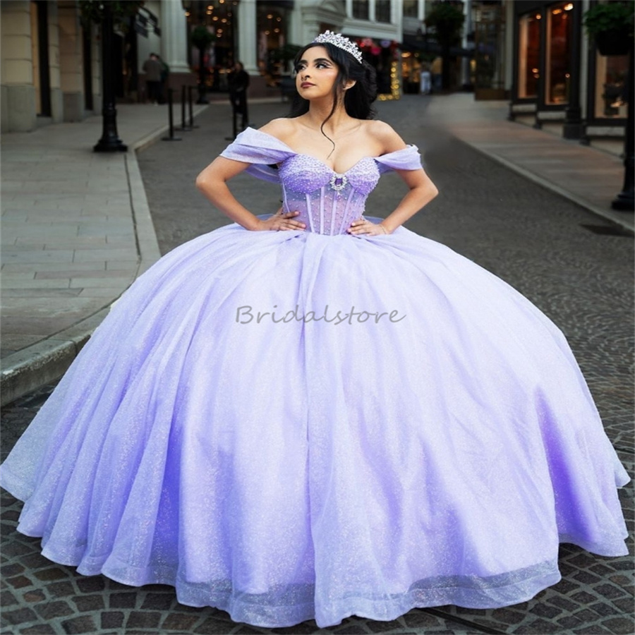 Luxury Lilac Quinceanera Dresses 2025 Glitter Sequins Fifteen Birthday Party Dress Sweetheart Beaded Corset Vestidos De 15 Anos Quinceaneras Charro Sw