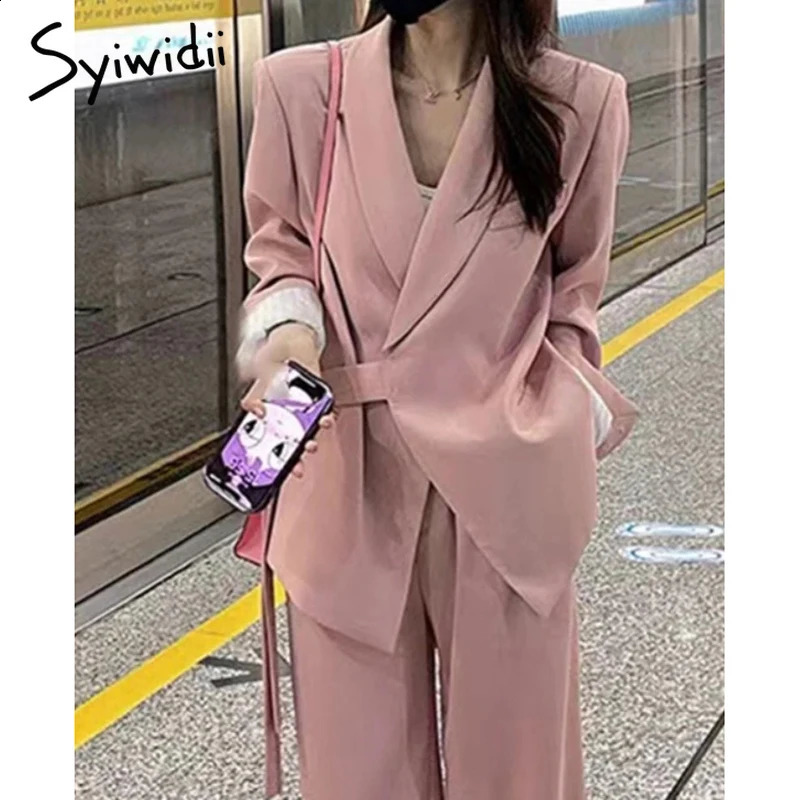 Syiwidii Elegant Suit Set Women Chic Asymmetrical Lace Up Blazer Straight Pants Temperament Commuting 2 Piece Woman Clothes 241007