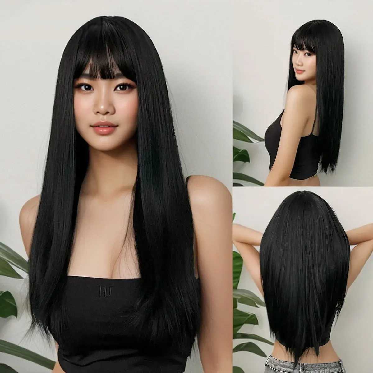 Long Straight Wigs with Bangs Silky Synthetic Heat Resistant Fiber Hair Full Machine Wig Cosplay Party Wig For Fashion WomenXJ241008