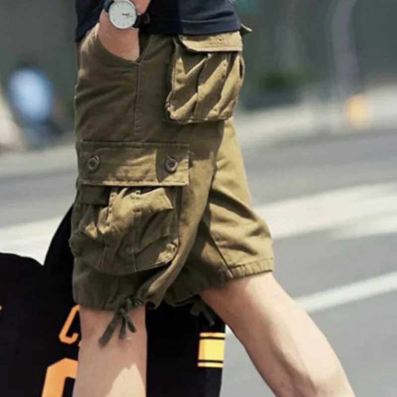 Bermuda mens shorts solid mens cargo shorts button khaki vintage cotton Harajuku loose pockets jogging free deliveryW240713