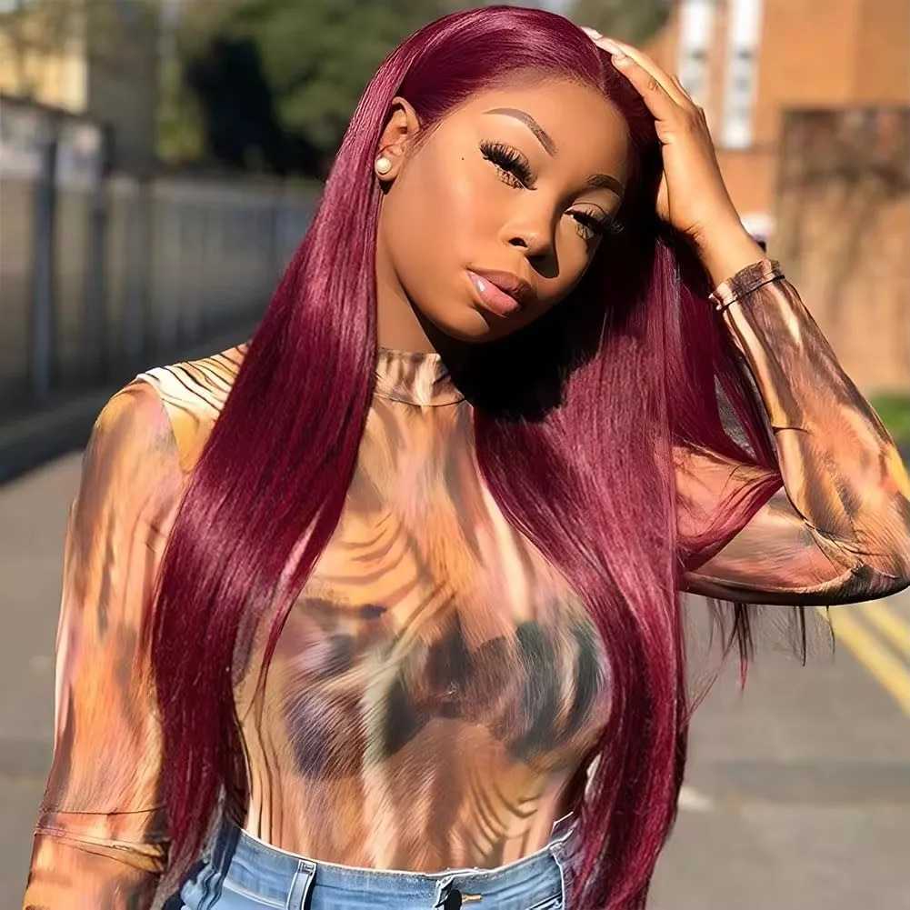99J Red Burgundy Color Long Skily Straight 13X4 Lace Frontal Synthetic Wig For Women Heat Resistant Fiber Daily Party CosplayXJ241008