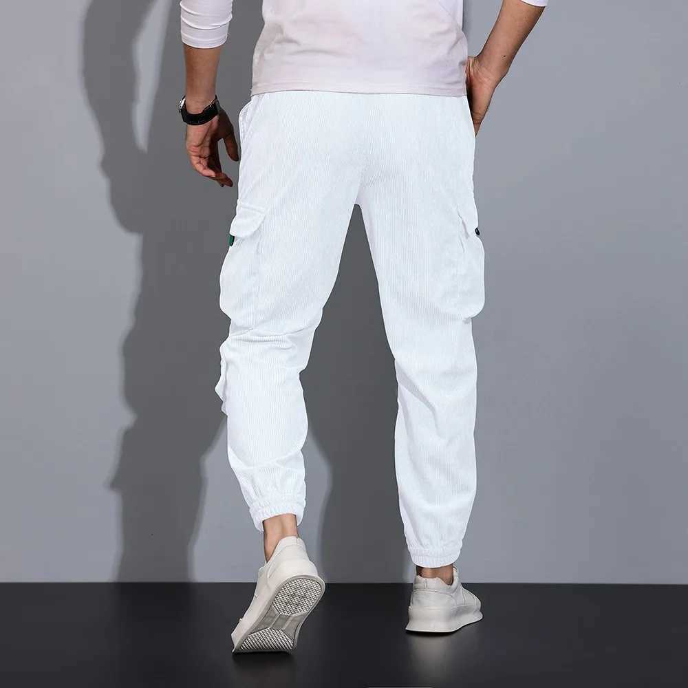 Mens autumn Corduroy jogging pants casual cargo pants solid color drawstring elastic waist bag with pocket tapered sports pants CL241008