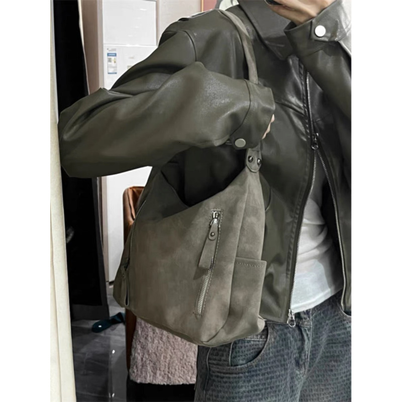 2024 Y2k Vintage PU Leather Shoulder For Women Female Gray Underarm Fashion Large Capacity Handbags Commuter Tote Bags