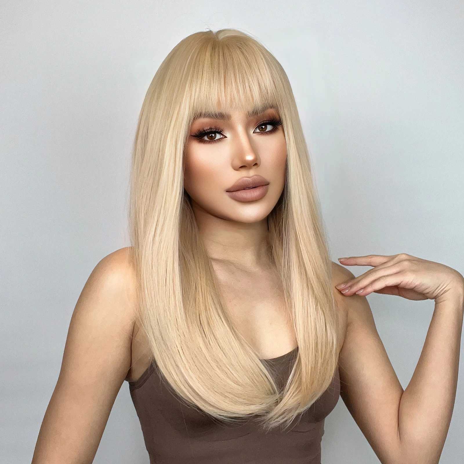HENRY MARGU Blonde Layered Synthetic Wigs with Bangs Long Straight Wig for White Women Heat Resistant Fiber Hair Daily Party UseXJ241008