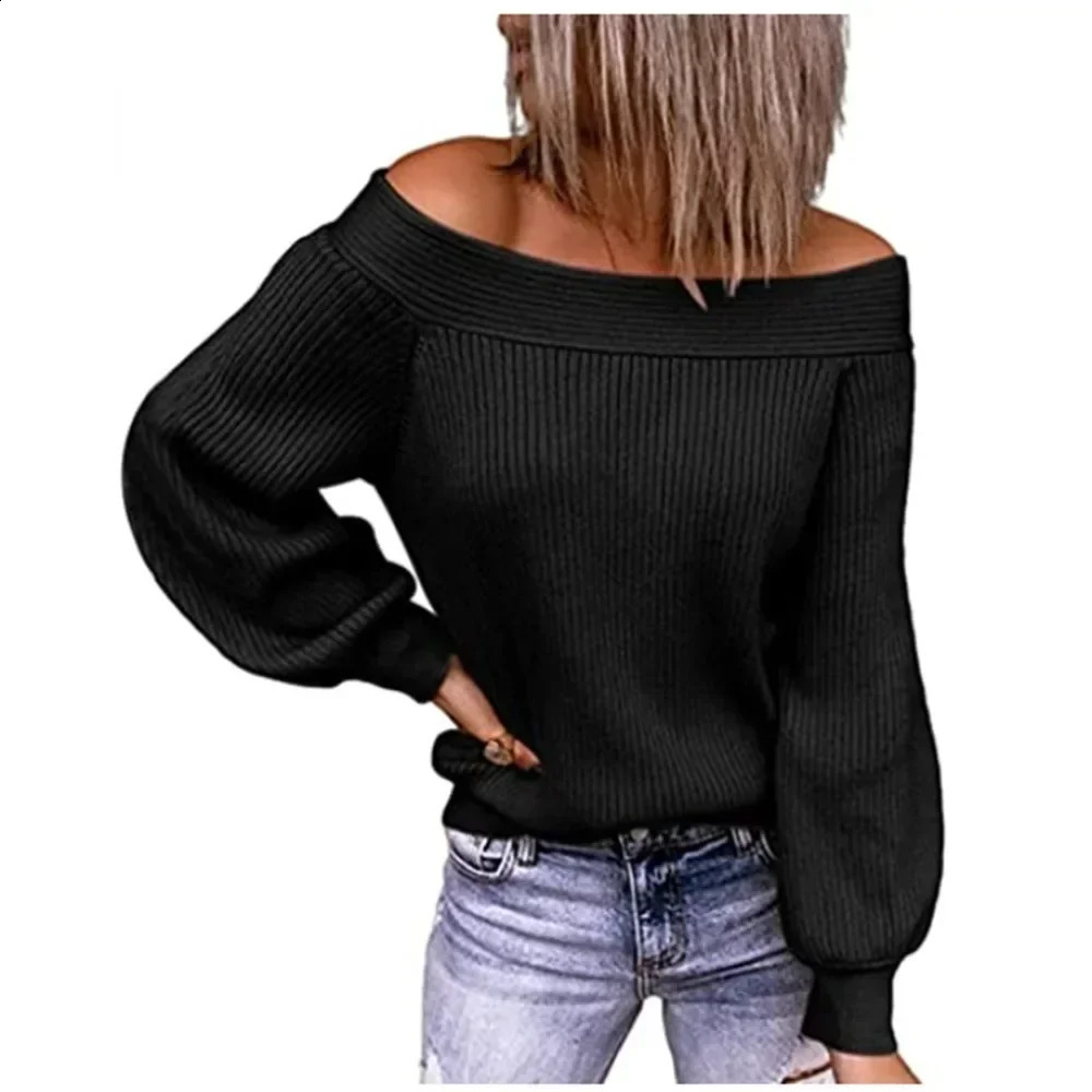Shoulder plus elegant loose knit shirt automatic and winter single neck solid color pullover womens sweater 240927