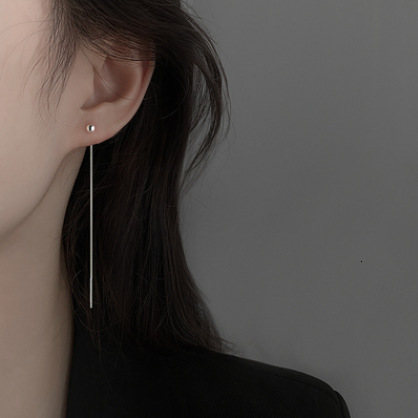 Round bead 2024 new style temperament hole ear line women's silver needle long earrings round face looks slim