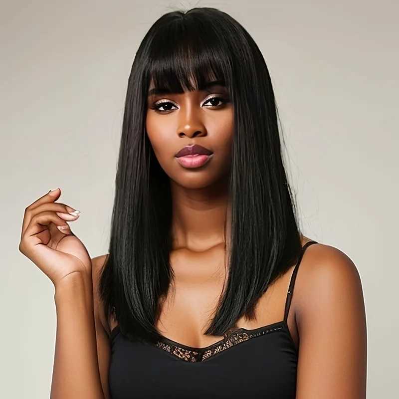 Wig female comic strip hair bangs medium long hair black chemical fiber high temperature silk mechanism head coverXJ241008