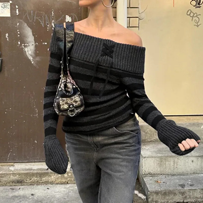 Y2K black striped sweater shoulder knit sweater ultra-thin slim fit top for women winter womens black gray sweater 240927