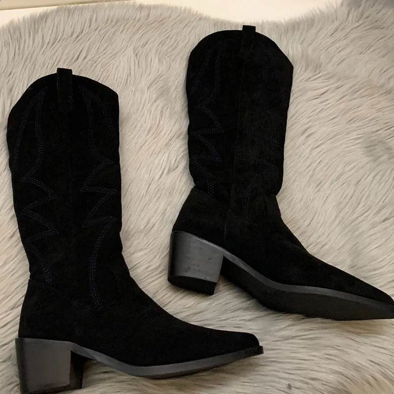 Womens denim boots fashionable square low boots womens elegant sliding on long boots winter corner toe womens shoes 241007