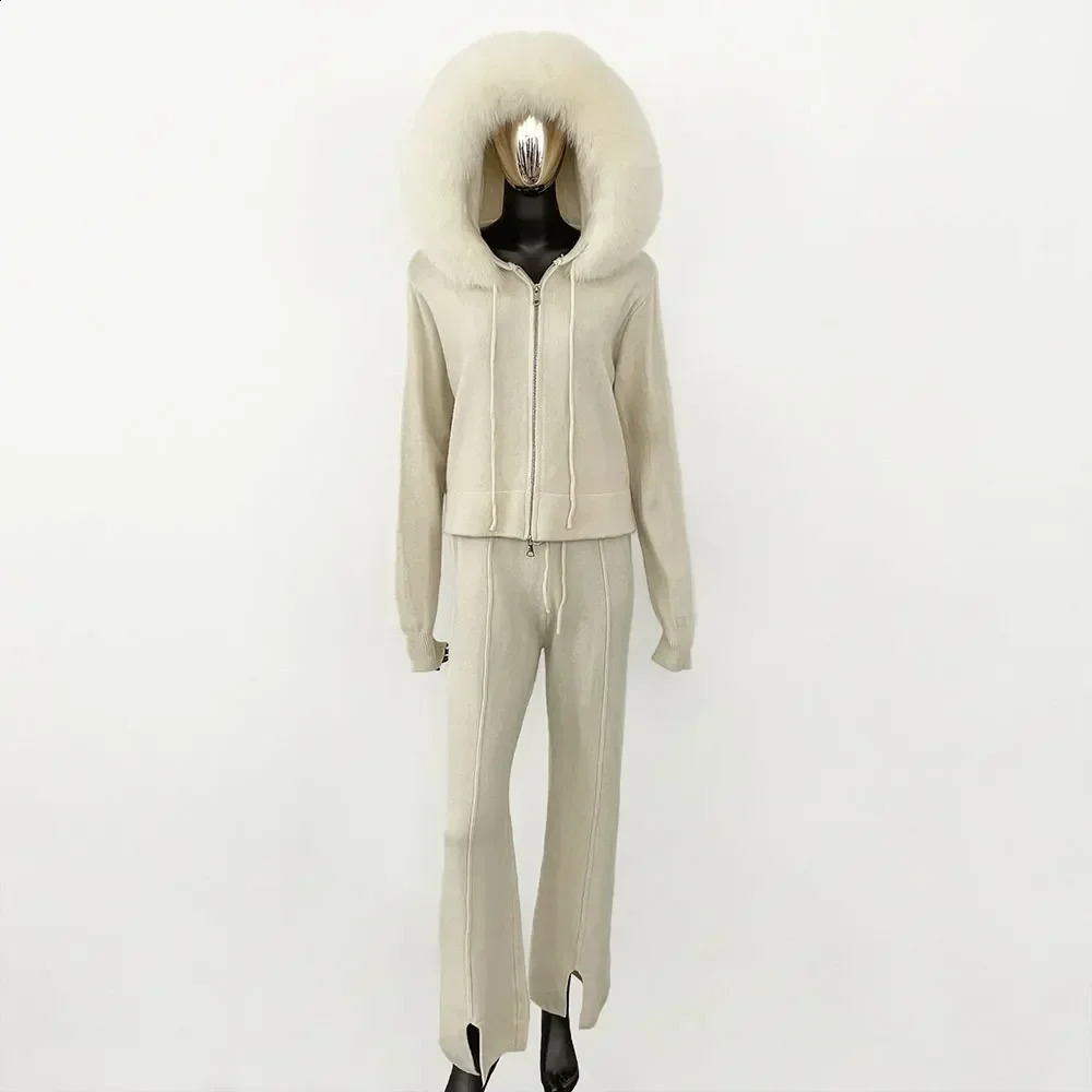 GENHUA AutumnWinter Fashion Sweater Set Womens Trouser Hooded Jacket with Detachable Fox Fur Collar Coat 240929
