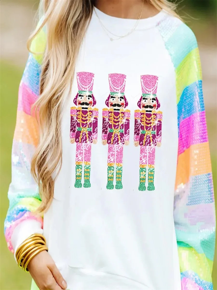 Women Christmas Sweatshirts Fashion Sequin Long Sleeve Round Neck Pullovers Casual Oversized Tops 2024 Holiday Soldier Hoodie 241008