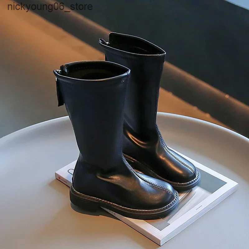 Boots Children Knee-high Boots for Girls Simple Classic Fashion Kids Leather Boots Back Zipper Long Motorcycle Winter New Rubber Boots L240910