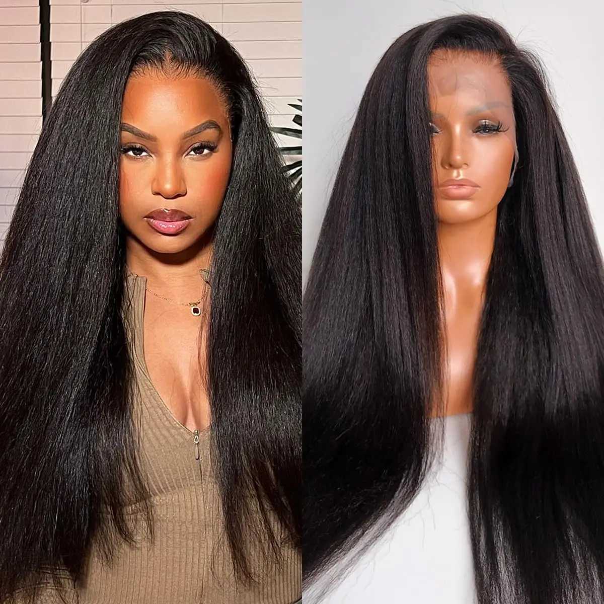 200 Full Density Kinky Straight Lace Front Human Hair Wig 13x6 Hd Transparent 4c Edges Lace Frontal Yaki Straight Wig For WomenXJ241008
