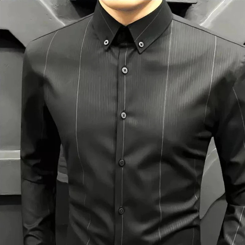 Top tier formal mens office shirts and shirts striped dresses business black social buttons cool Asian elegance I 241007
