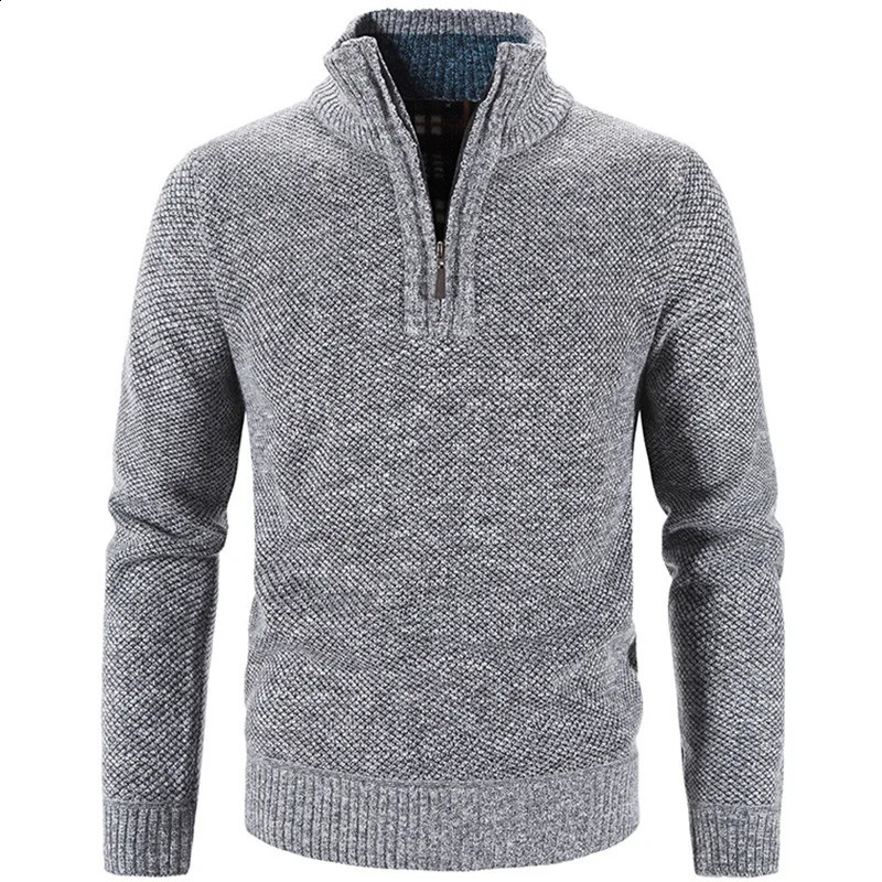 Autumn Winter Thick Knitted Sweater Men Pullovers Solid Color Zipper Mock Neck Slim Fit Knit Causal Man 240930
