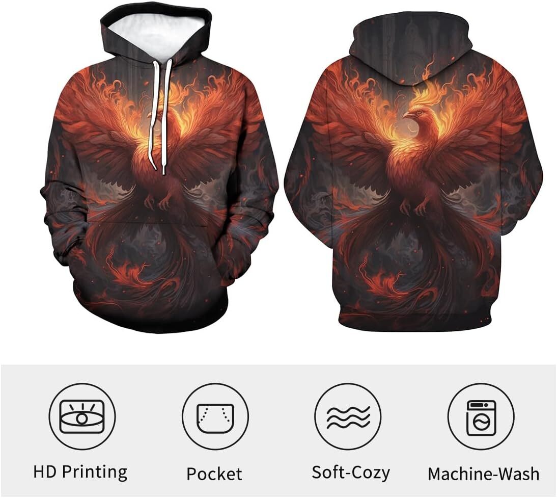 Hoodie for Mens Womens Unisex Flame Phoenix Hoodie 3D Novelty Pattern Printing Fashion Long Sleeve Pullover Hoodies Men Graphic Hoodies sweatshirt