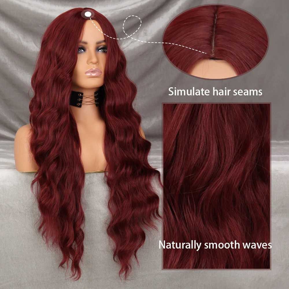 Long Wavy Wine Red Synthetic Wig Womens Heat-Resistant Natural Half Part Cosplay Party Lolita WigXJ241008