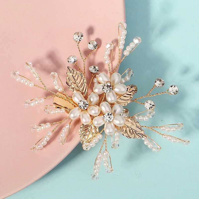 Fashionable Golden Flower Bridal Bucket Pearl Water Diamond Hairpin for Friends Pearl Bridal Wedding Hair Accessories W241007