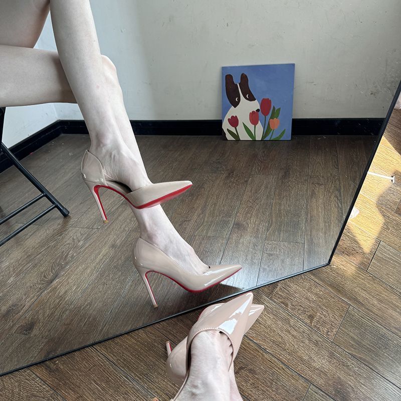 Naked High for Women 2024 New Spring and Autumn Pointed Thin Heels with Side Air Lacquer Leather Temperament, Celebrity Red Sole Professional Single S