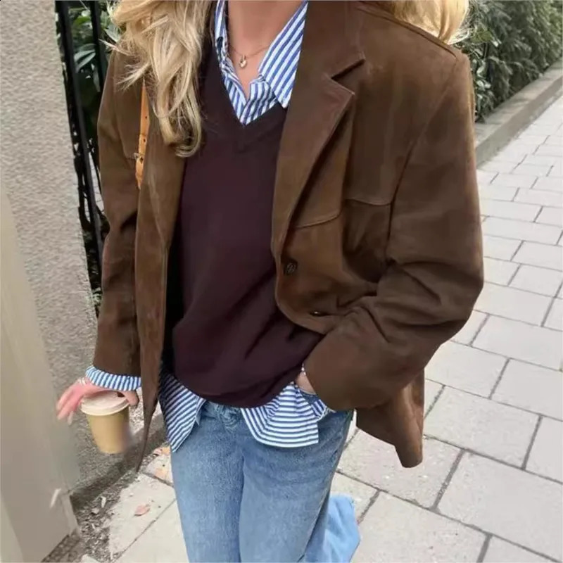 Retro brown suede leather jacket for womens fashion single chest pocket lapel crop coat womens autumn coat 241007