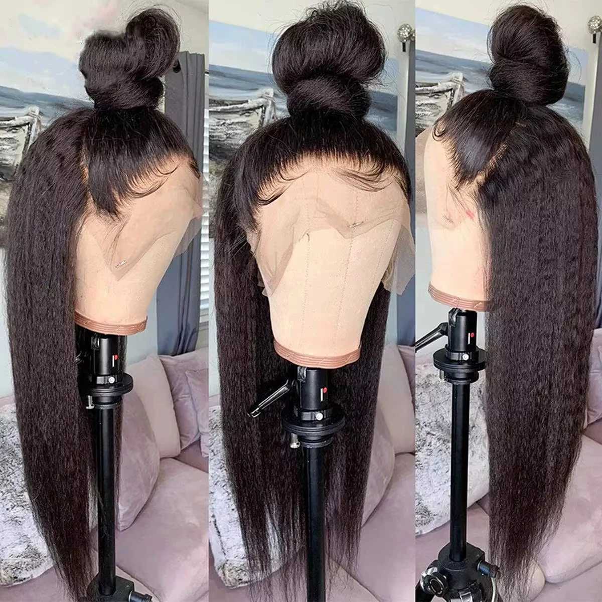 200 Full Density Kinky Straight Lace Front Human Hair Wig 13x6 Hd Transparent 4c Edges Lace Frontal Yaki Straight Wig For WomenXJ241008