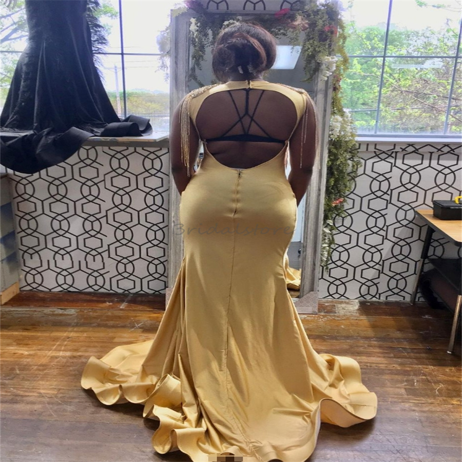 Luxury Gold Mermaid Prom Dresses With Rhinestone Crystal Gorgeous Black Women Evening Dress With Slit Tassel Beaded Birthday Formal Occasion Dress Plu