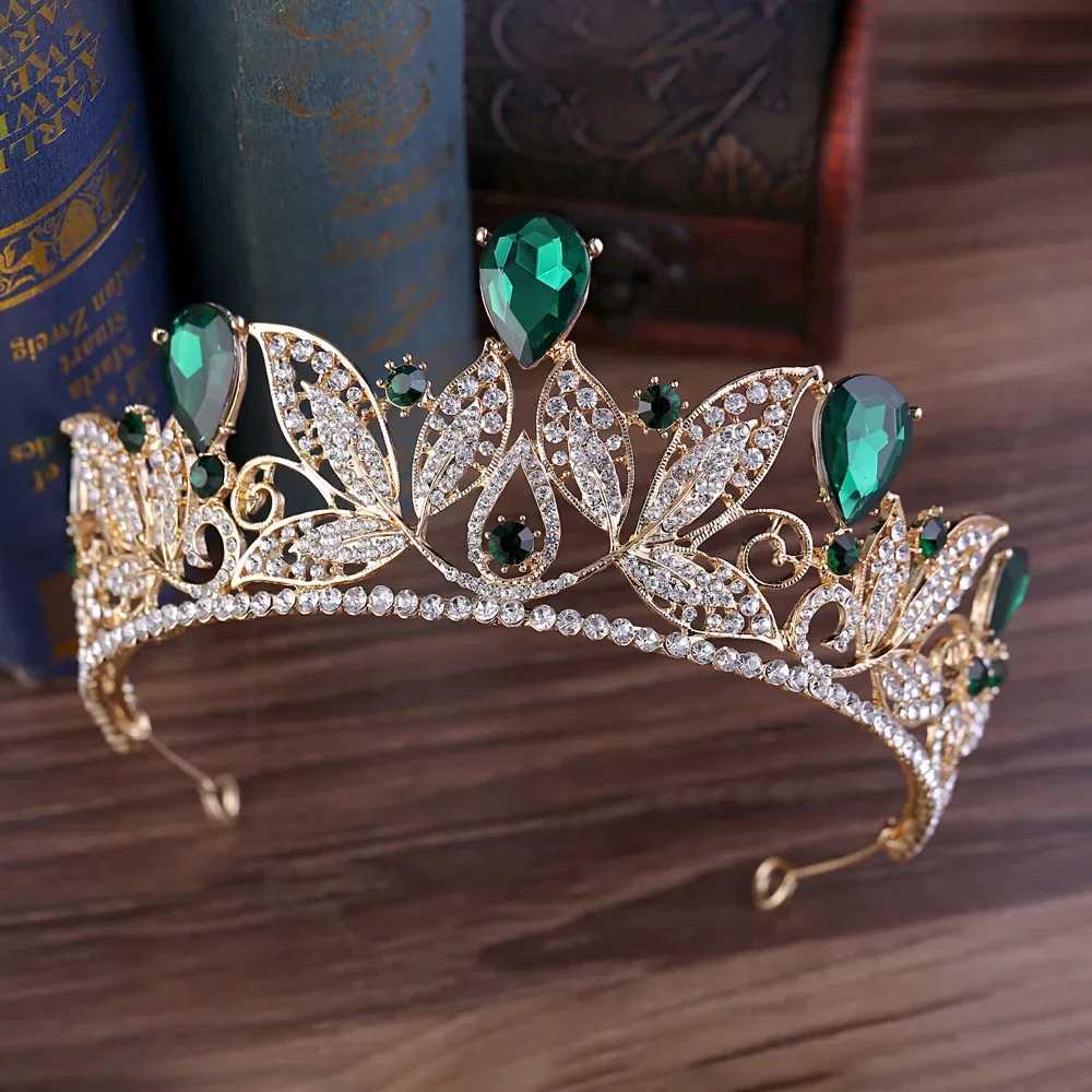 High quality crystal crown womens headwear with green leaf shaped rhinestones banquet wedding hair accessories bridal jewelry gifts W241007