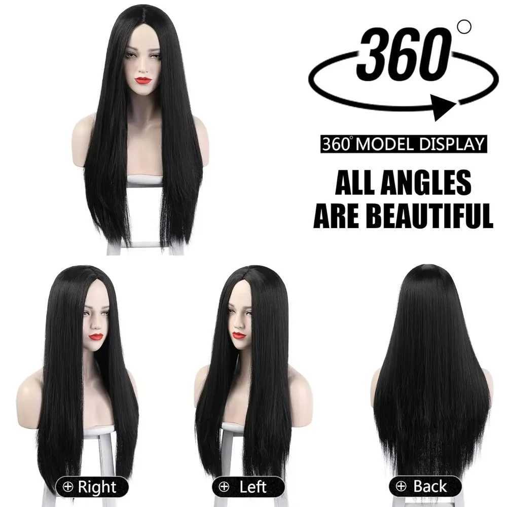 40inch Black Synthetic Wig Morticia Addams Costume Long Natural Straight Wednesday Wigs for Women Halloween PartyXJ241008