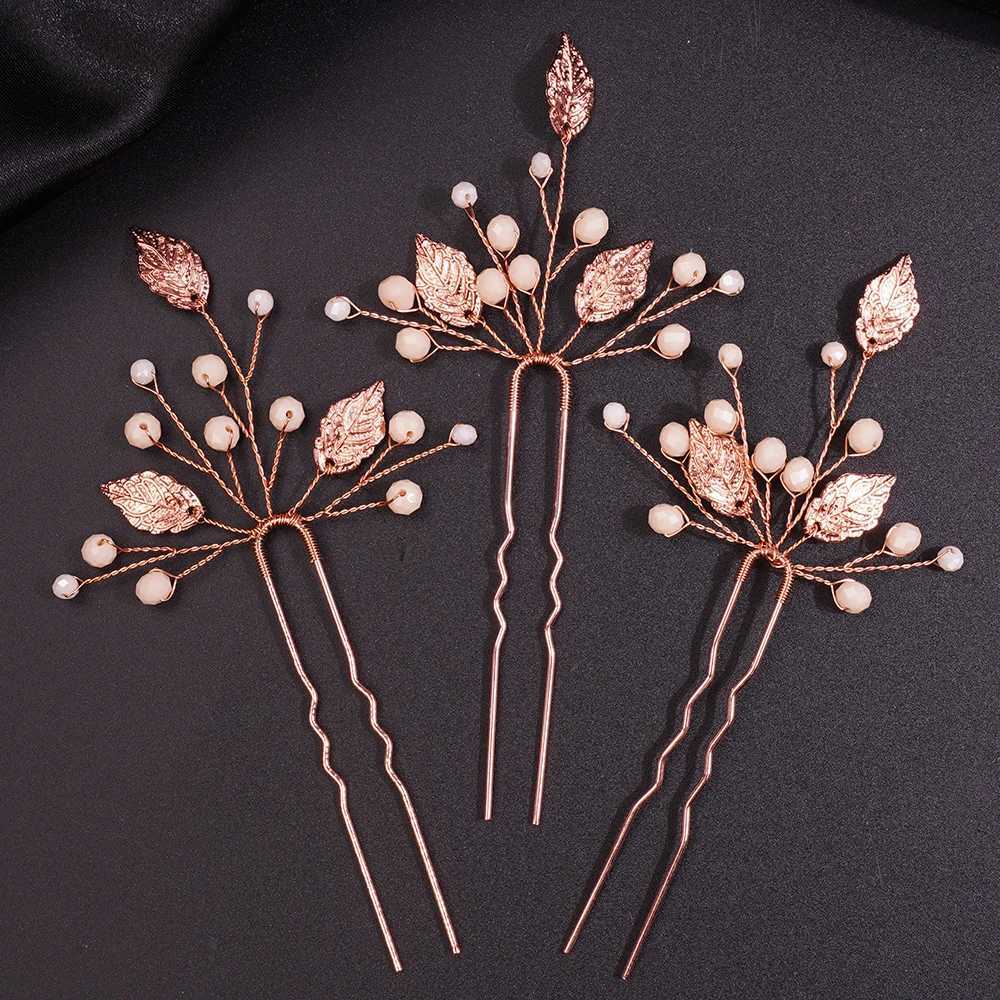 Bridal Wedding Crystal Leaves Rose Gold Hair Pin Female Pearl Wedding Head Bridal Ball Birthday Hair Accessories W241007