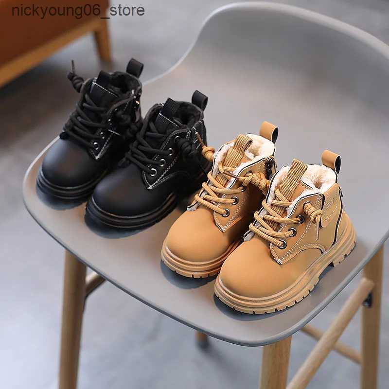 Boots New Childrens Fashion Boots Winter Thickened Boys Girls Anti Slip Warm Leather boots Side Zipper Solid Color Kids Casual Shoes L240910