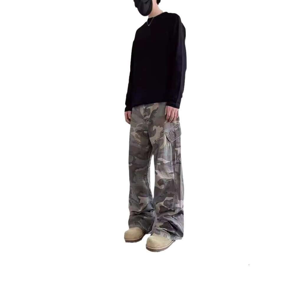 2024 New American Retro Style Camouflage Denim Work Pants Men's Loose Straight Leg High Street Micro Pull Down Pants In 9E8