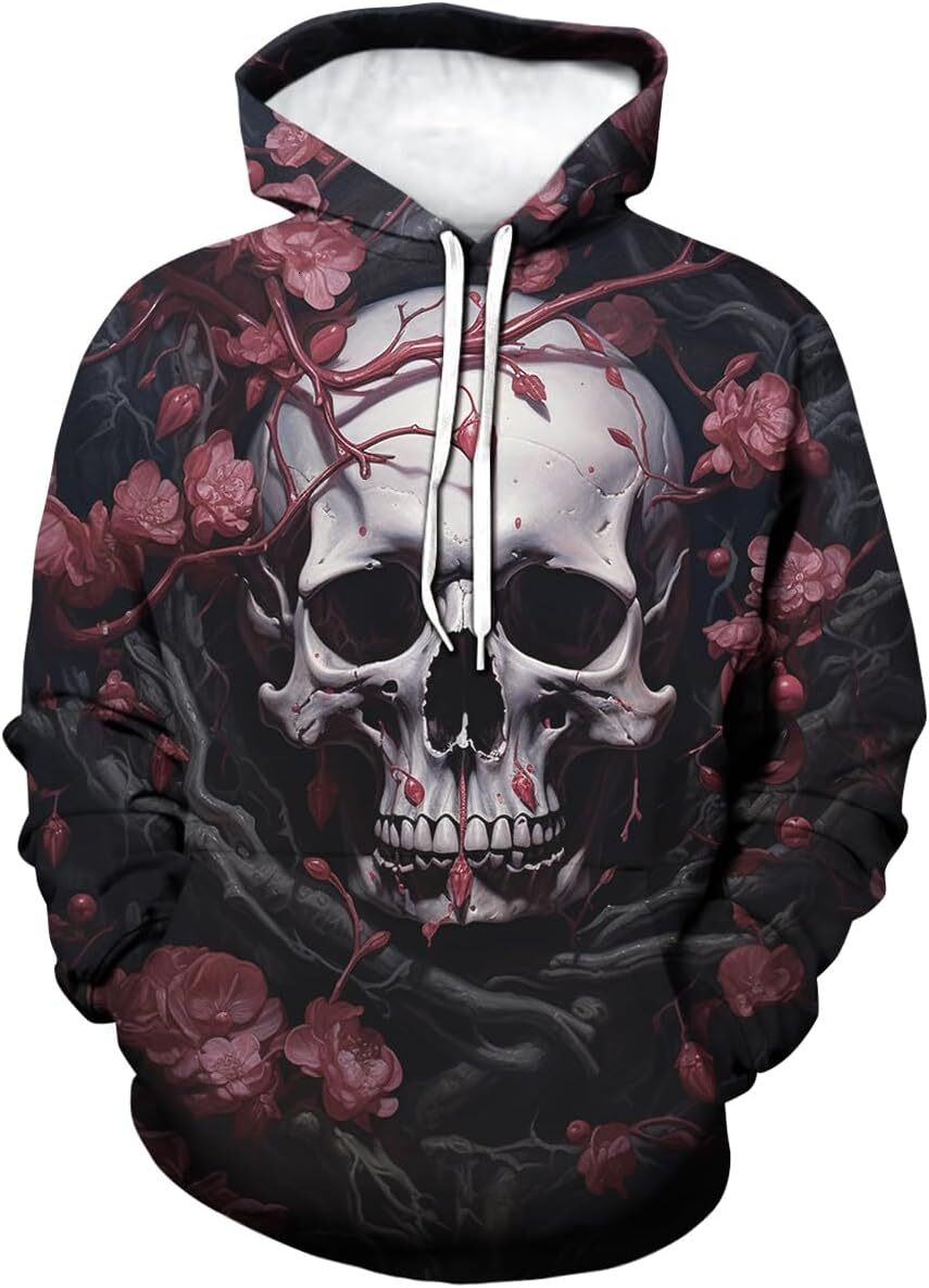 Hoodie for Mens Womens Flower Printed Funny Hoodie Skull Pattern Pullover Hoodies Casual Long Sleeve Sweatshirt Hoodie Graphic Hoodies sweatshirt cool