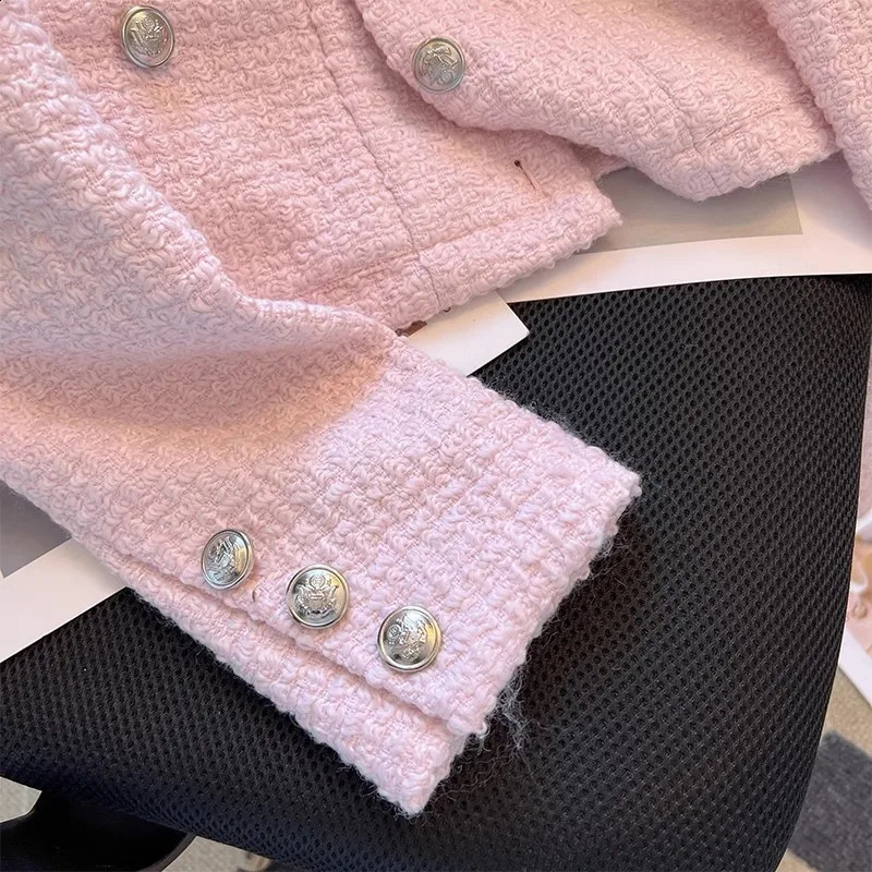 Pink Elegant O-neck Tweed Cropped Jackets Women Casual Chic Single Breasted Short Coats Tops Korean Long Sleeve Vintage Abrigos 241008
