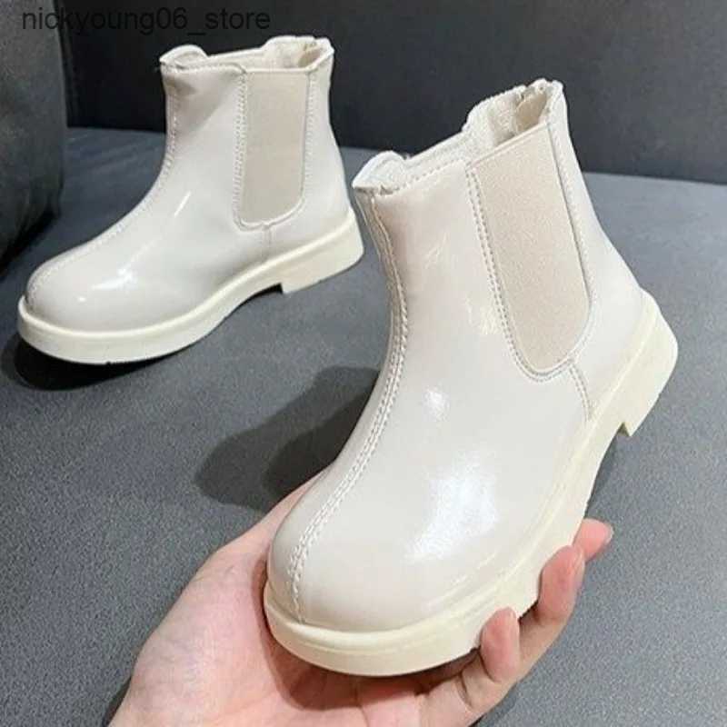 Boots Kids Fashion Black Girls Short Boots Zipper Beige Children Chelsea Boots Glossy Britain PU Spring Autumn Non-slip Drop Shipping L240910