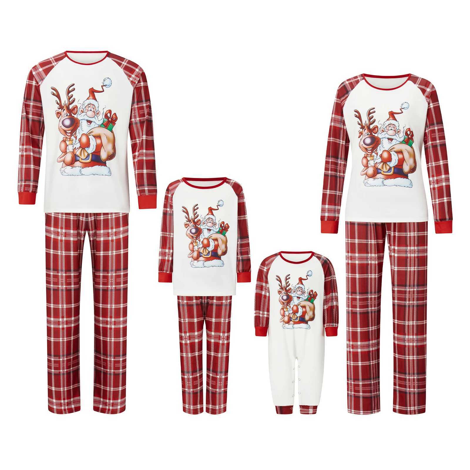 Family matching Christmas pajamas deer Santa Claus printed long sleeved top+checkered pattern Trouser pajamas set W241008
