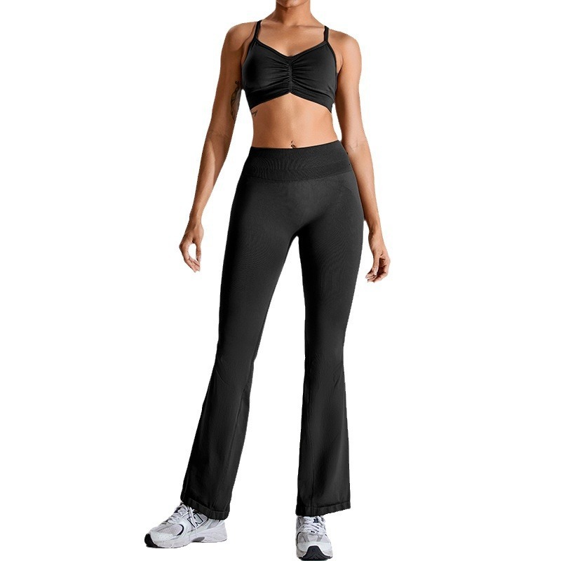 Seamless yoga suit for women, outdoor casual exercise set, women's peach hip lifting micro flared quick drying running and fitness pants